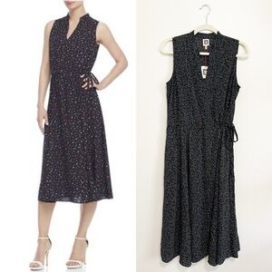 NWT Anne Klein Dress Black Floral Abstract Drawstring Waist Tie Sleeveless Sz M